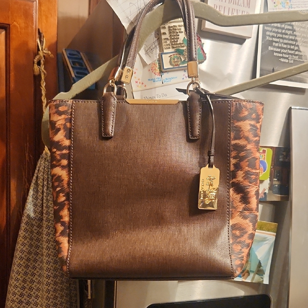Coach Brown and Tan Tote with Animal Print Accents
